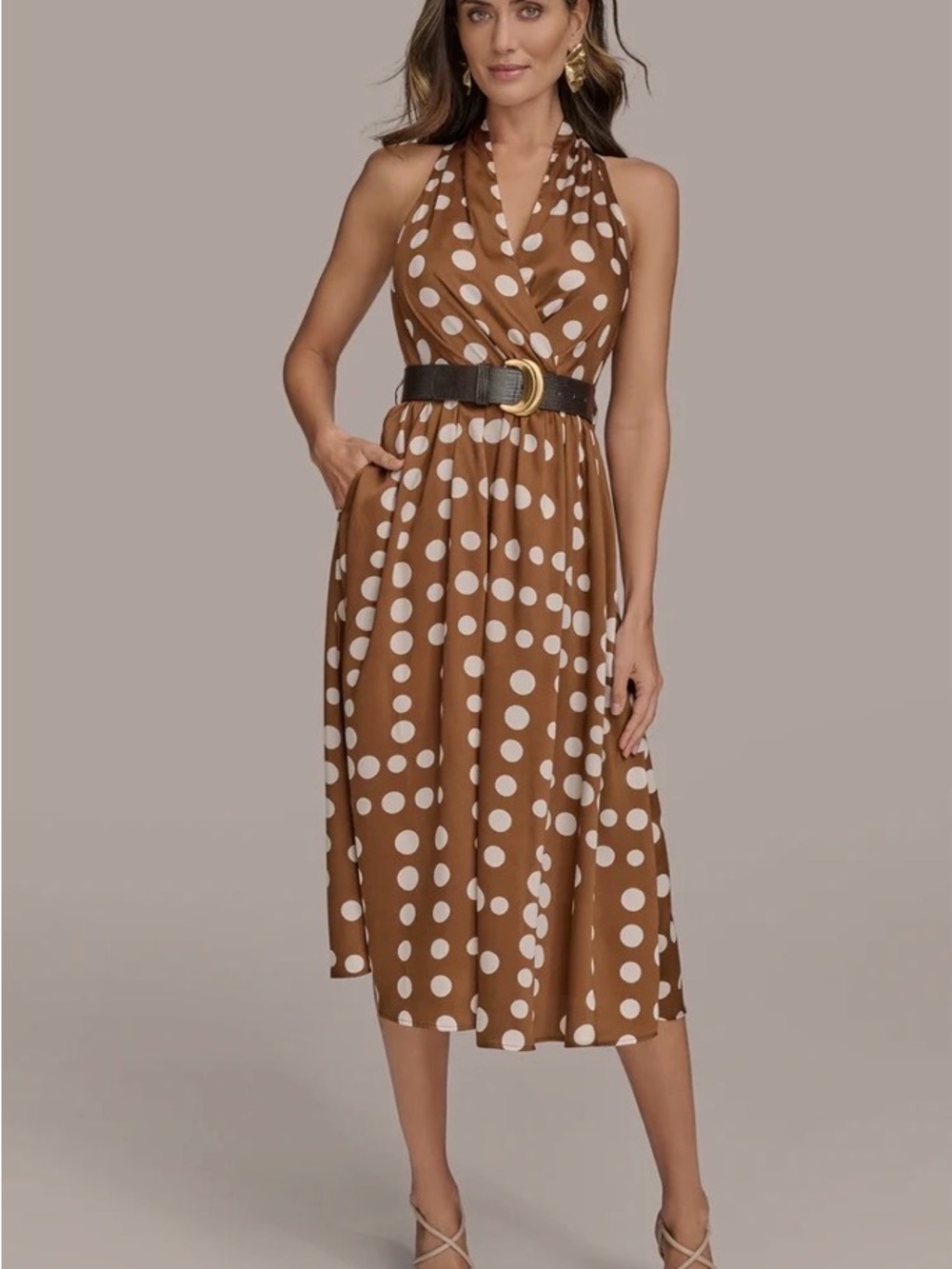 Donna Karen Brown Polka Dot Halter Midi Dress